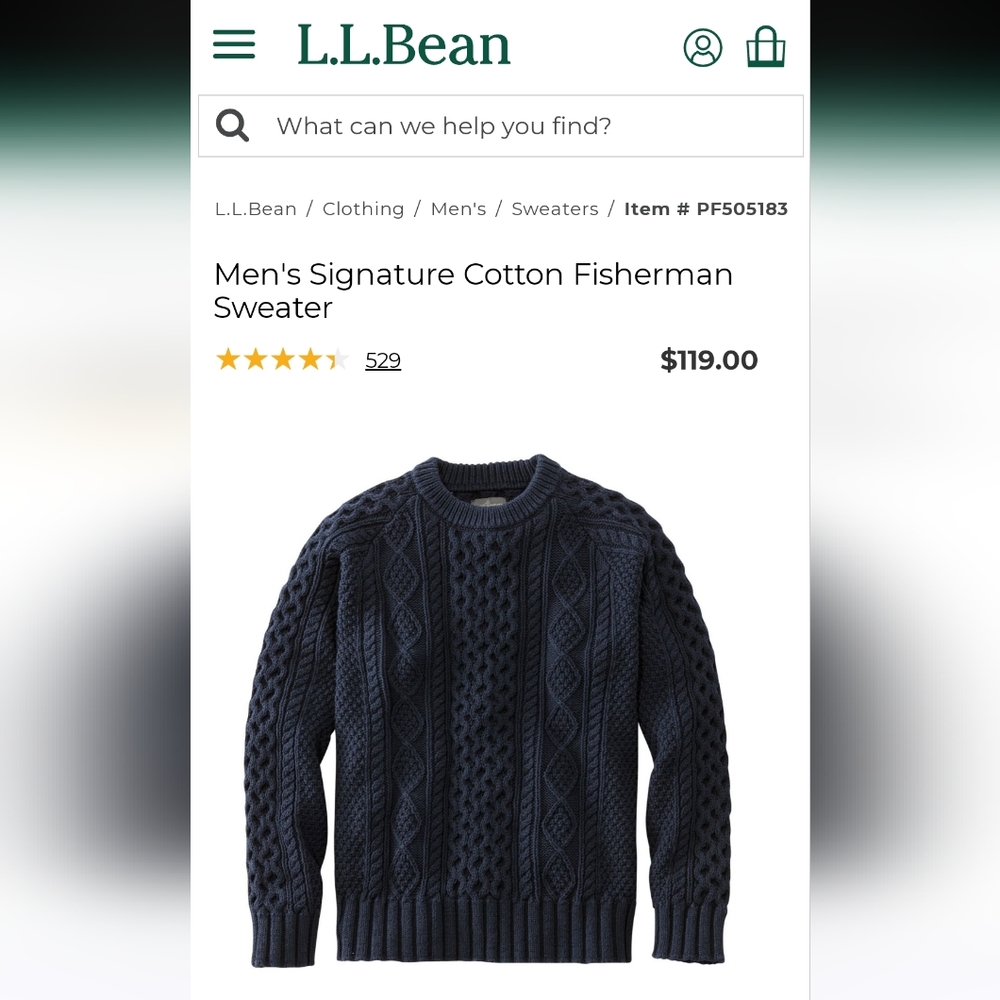 L.L.Bean Mens Signature Cotton Fisherman's Sweater